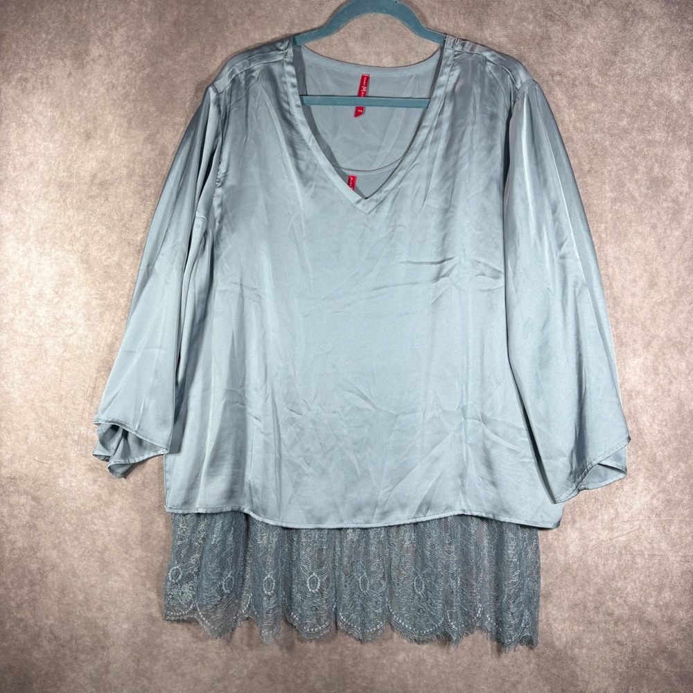 Ruby Ribbon Top Women XXL Blue Satin Lace Trim Boho V-Neck Flare Sleeve Casual